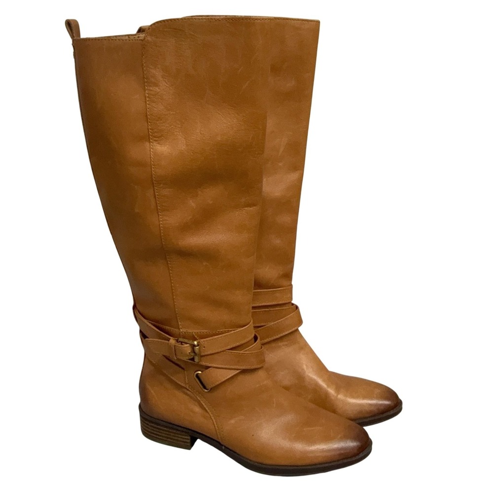 Sam Edelman Boots Womens Size 8 Brown Faux Leather Riding Strap Buckle Knee High